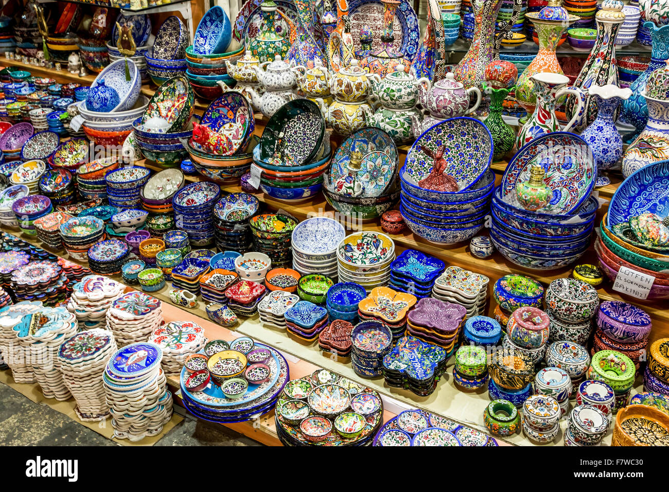 Colorful Tableware at Shop in the Grand Bazaar, Istanbul, Turkey Stock Photo