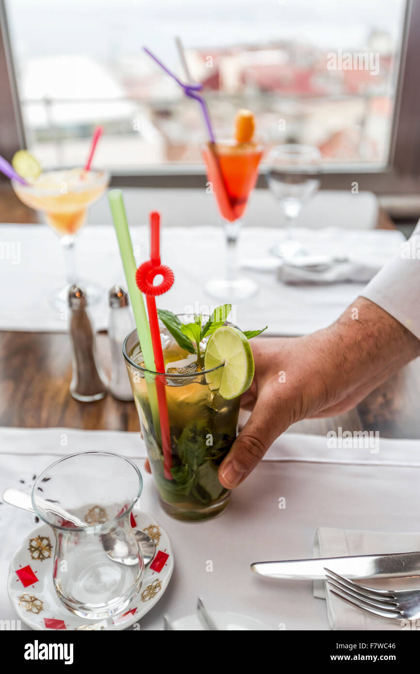 Drinks Serving in A Restaurant, Istanbul, Turkey Stock Photo