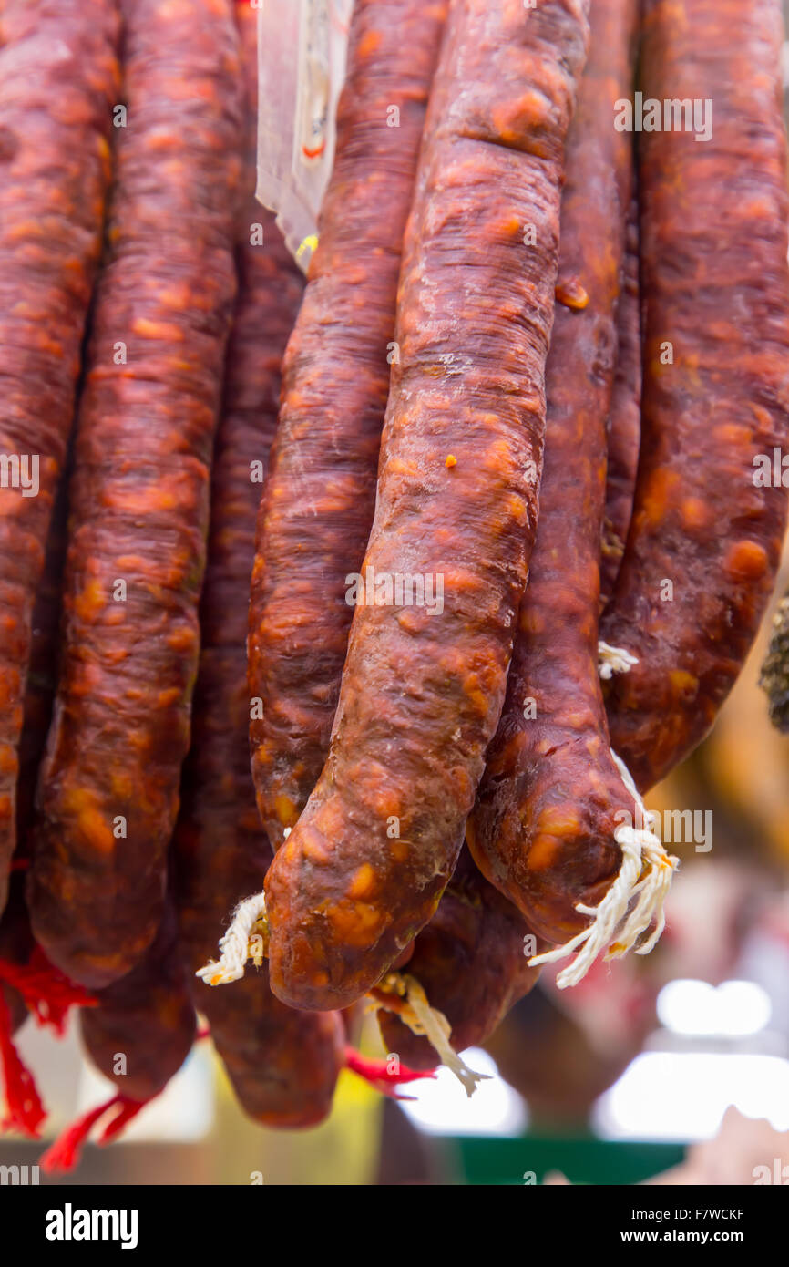 Catalan dry sausages, chorizo in a market in Barcelona Stock Photo Alamy