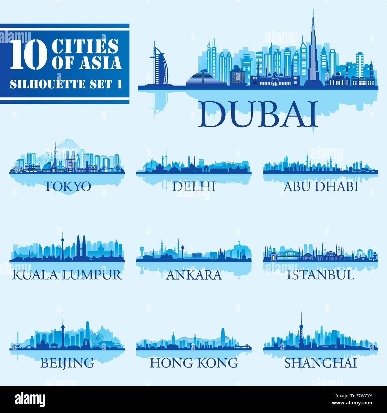 Set of skyline cities silhouettes. 10 cities of Asia 1 Stock Vector