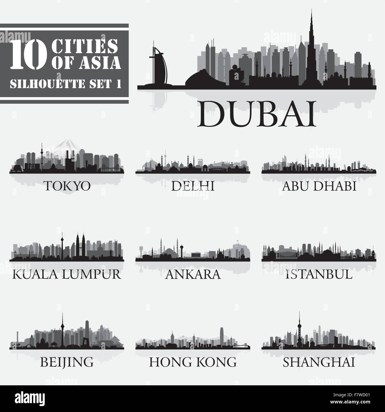 Set of skyline cities silhouettes. 10 cities of Asia 1 Stock Vector