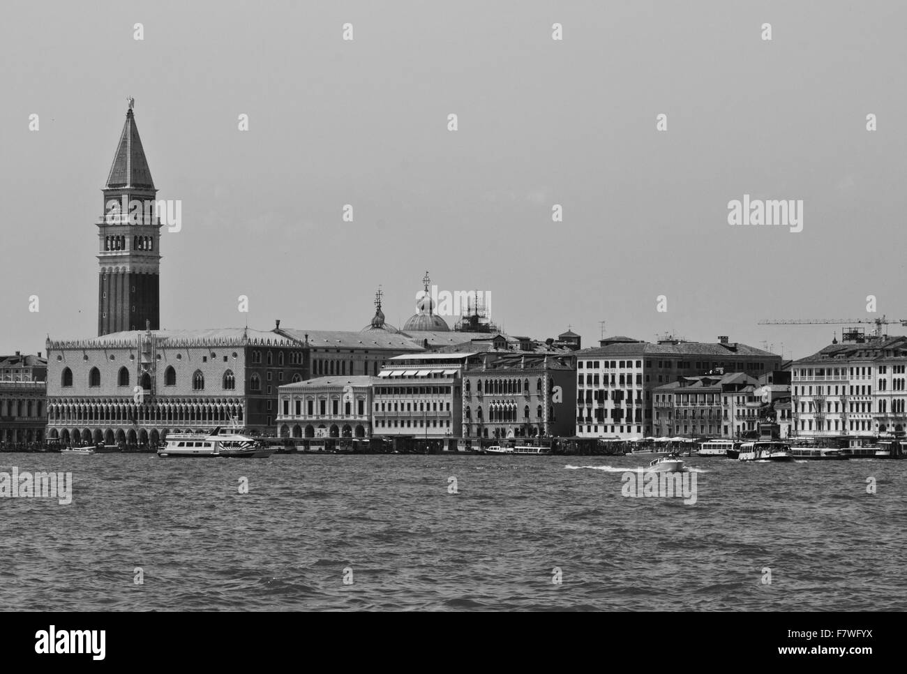 Venice, Italy, June 6 2014: Venice overview, panoramic view from the boat, with St. Mark Basilica Bell Tower in the backgroung Stock Photo