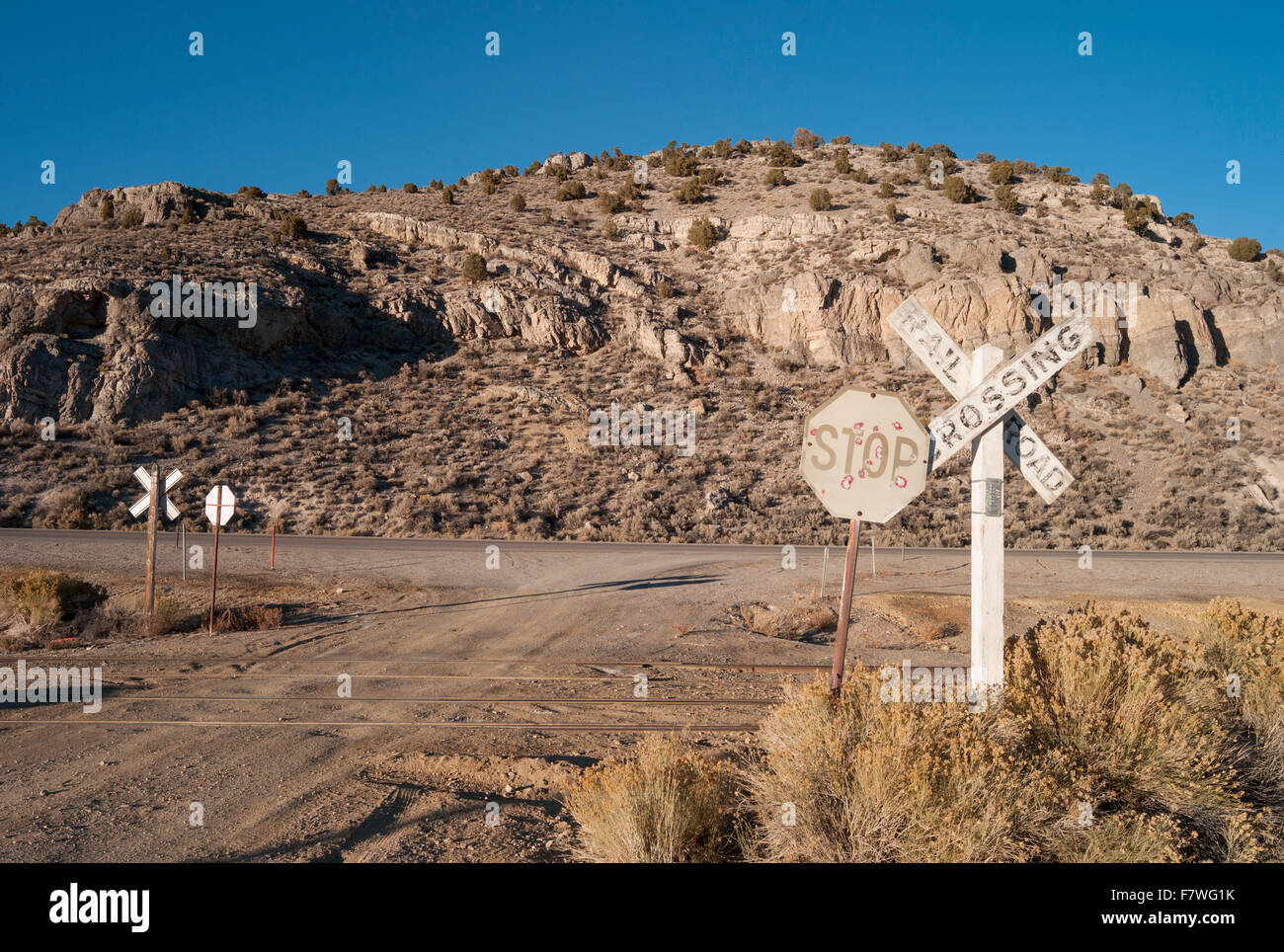 United States, Nevada, Railroad crossing Stock Photo