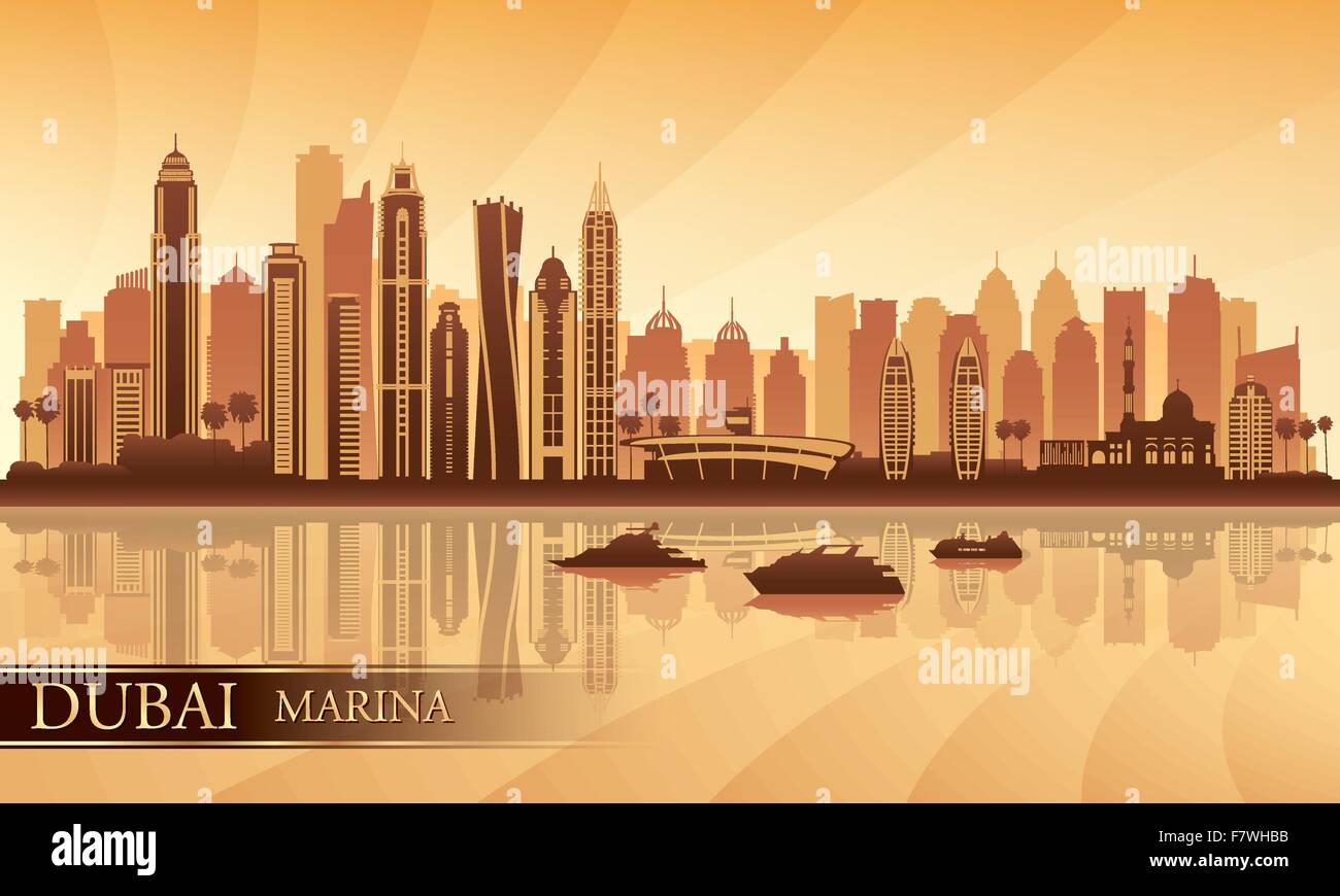 Dubai Marina City skyline silhouette background Stock Vector