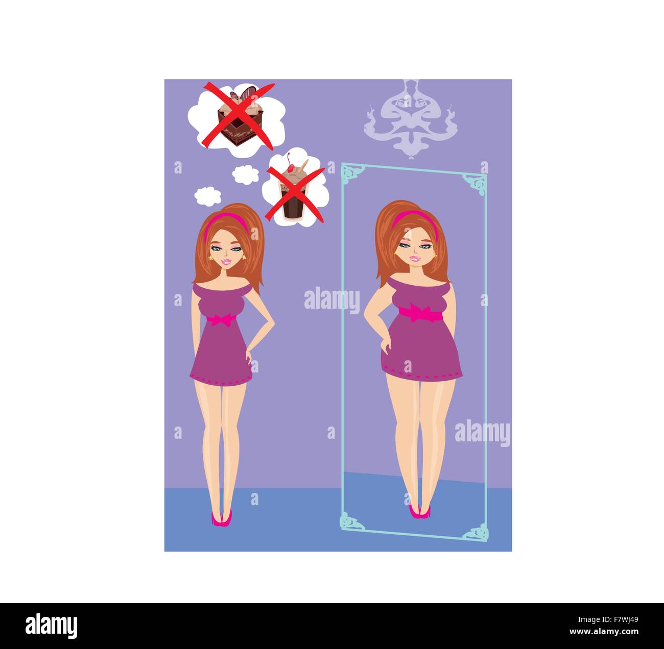 unhappy girl is looking at herself in the mirror Stock Vector