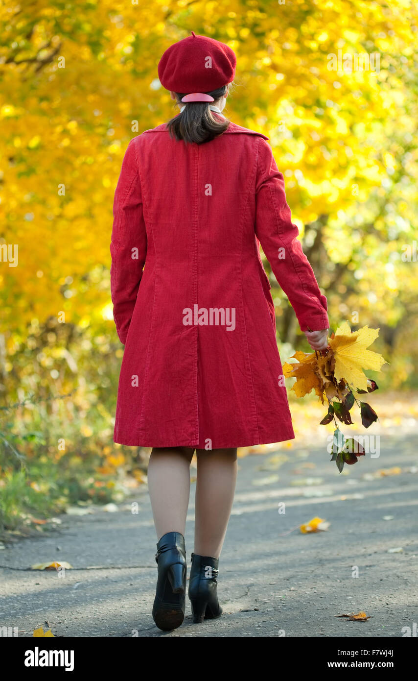 Rear view of walking woman in autumn park Stock Photo - Alamy