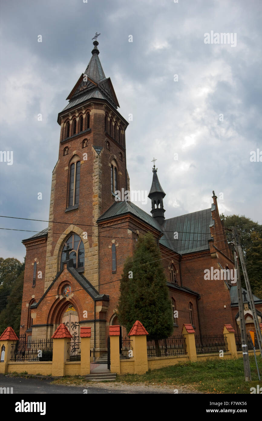 Neo-Gothic Church of St. Michael the Archangel. Zeleznikowa Wielka, Nawojowa. Poland. Stock Photo