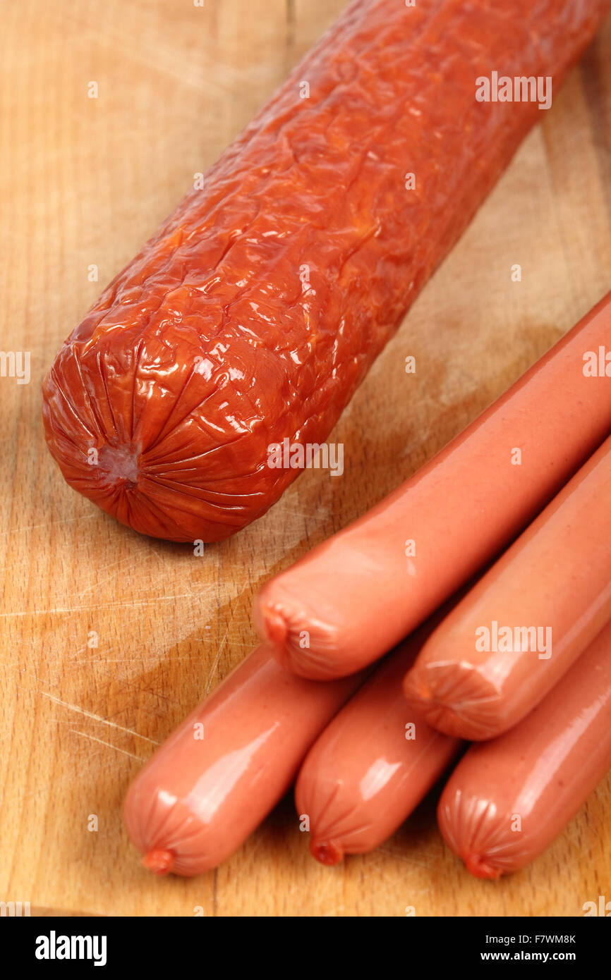 Sausage: Vienna Sausage (Hot Dog). Kielbasa krakowska sucha. Stock Photo