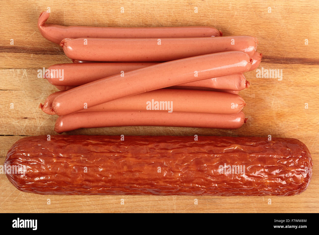 Sausage: Vienna Sausage (Hot Dog). Kielbasa krakowska sucha. Stock Photo