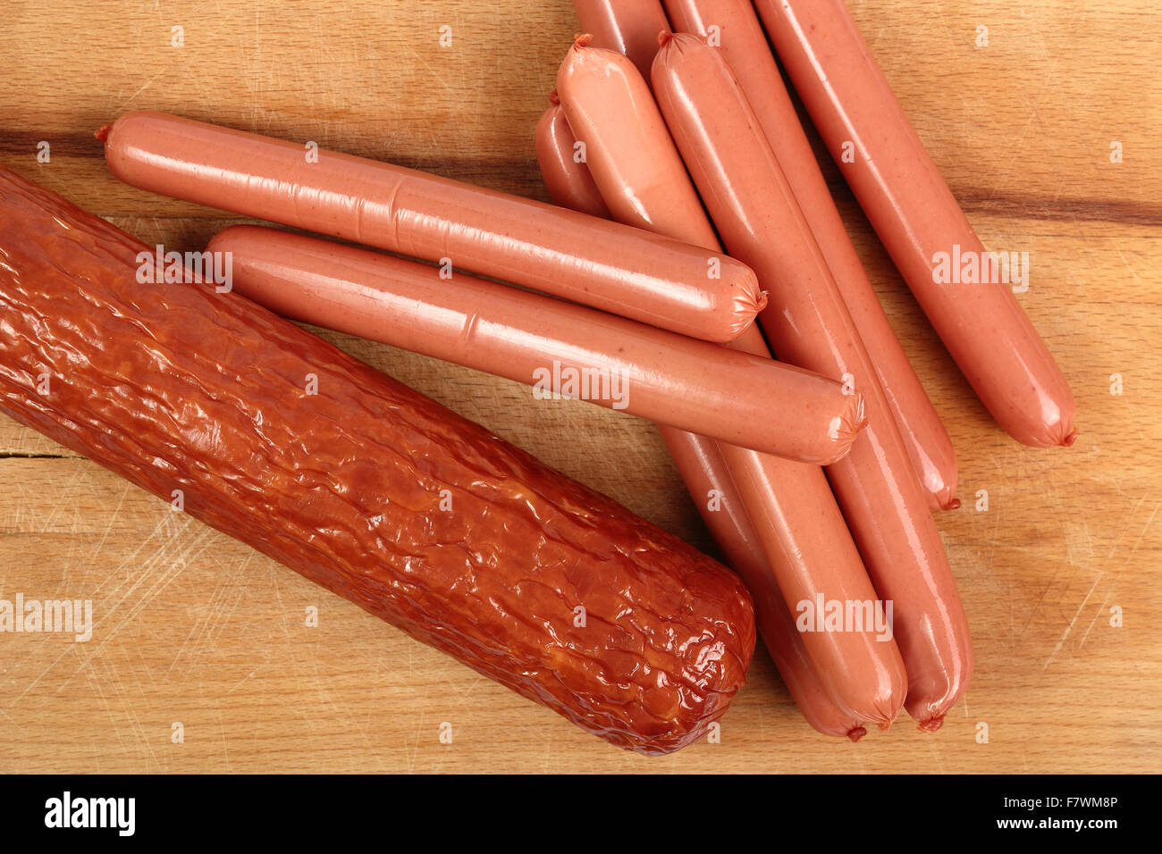 Sausage: Vienna Sausage (Hot Dog). Kielbasa krakowska sucha. Stock Photo