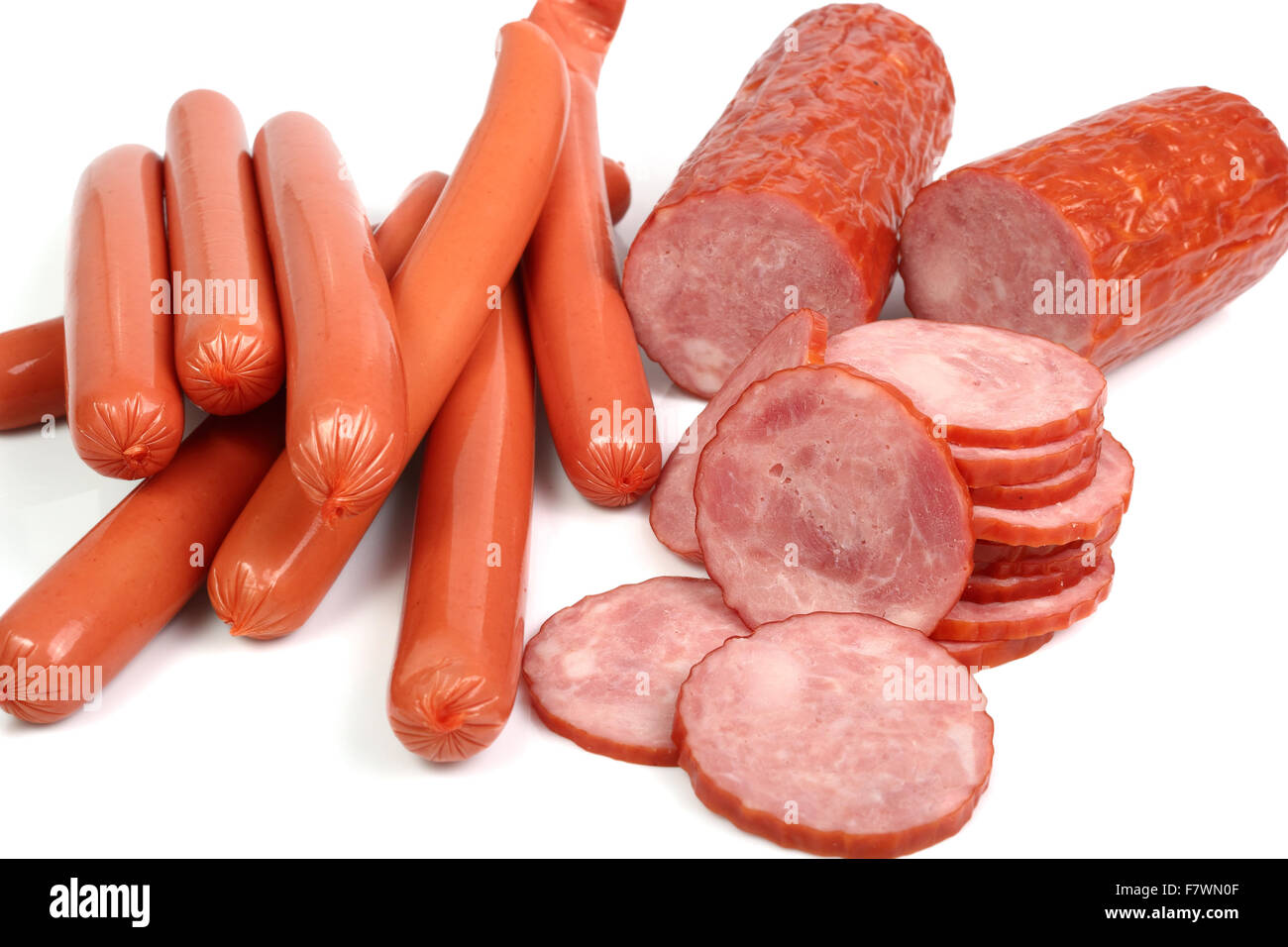 Sausage: Vienna Sausage (Hot Dog). Kielbasa krakowska sucha. Stock Photo