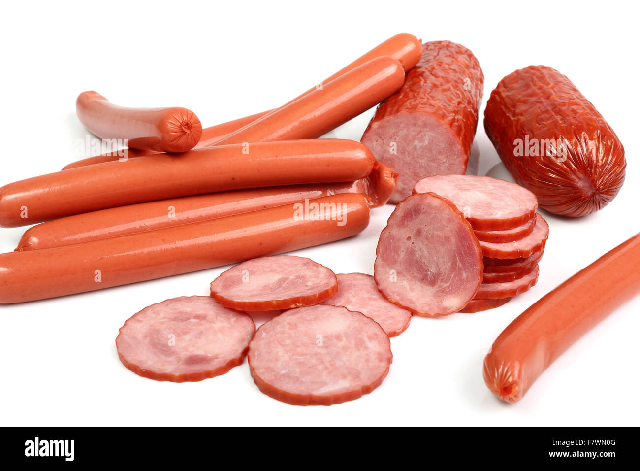 Sausage: Vienna Sausage (Hot Dog). Kielbasa krakowska sucha. Stock Photo