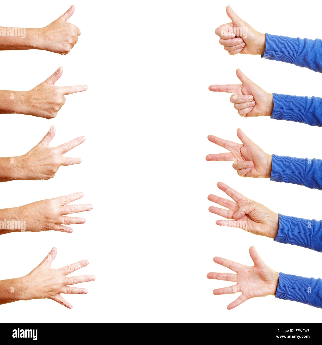 Many hands showing numbers from 1 to 5 Stock Photo