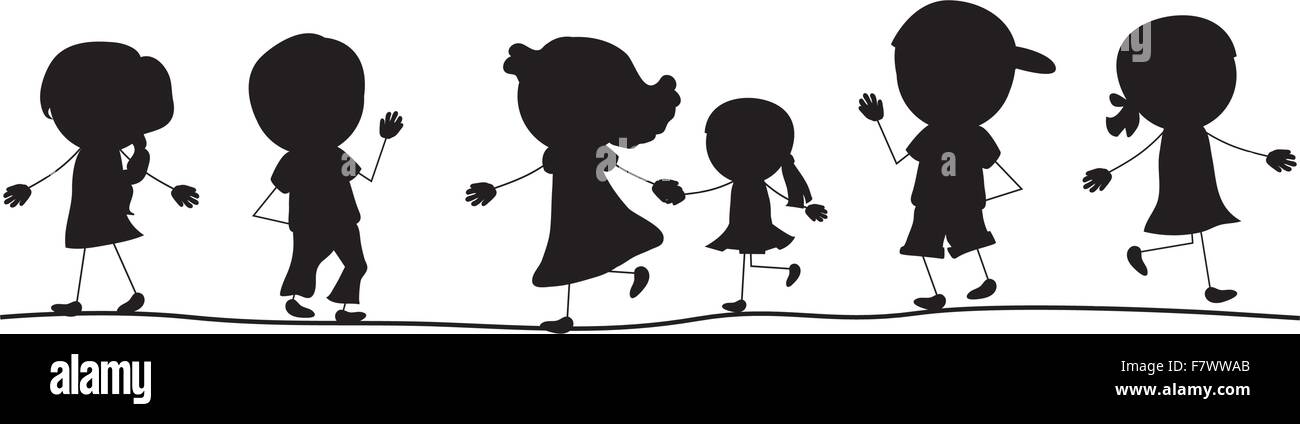simple walking silhouettes kids in one line Stock Vector