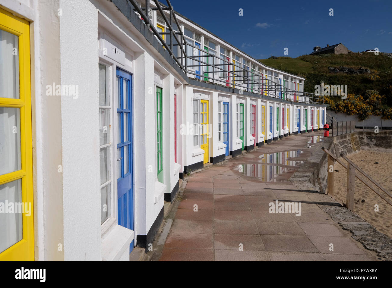 St Ives, Cornwall, UK twostorey row of beach huts at Porthgwidden