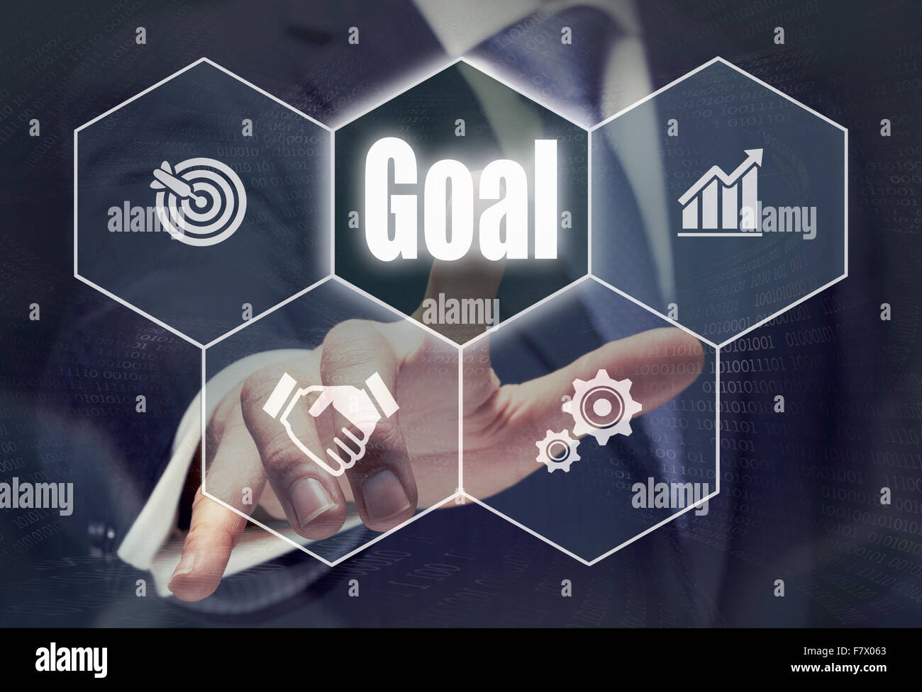 Businessman pressing an Goal concept button. Stock Photo