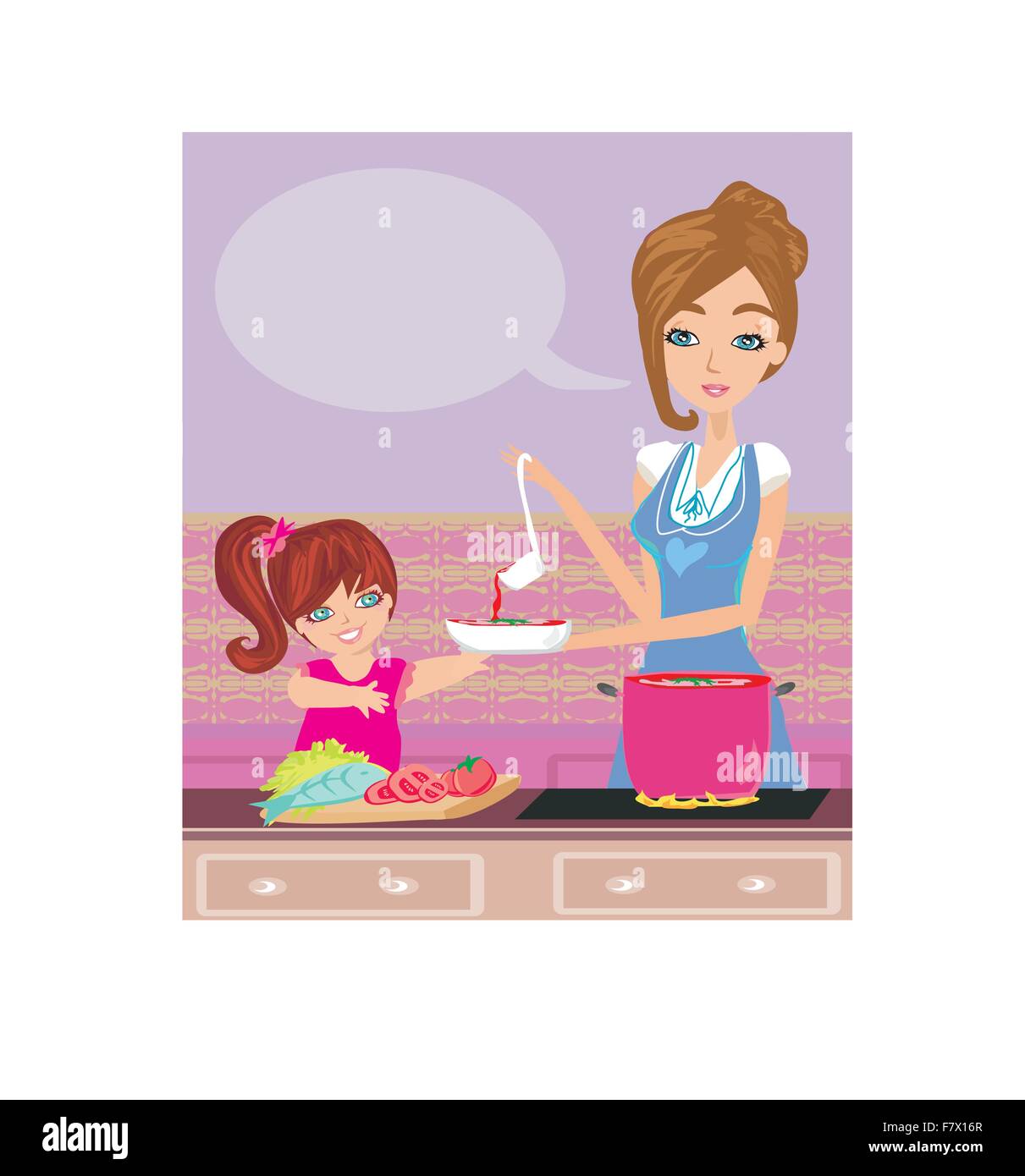 Mother and daughter tests food in the kitchen Stock Vector