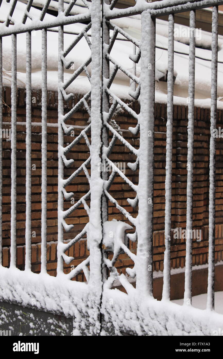 Iron gate covered by snow in wintertime Stock Photo