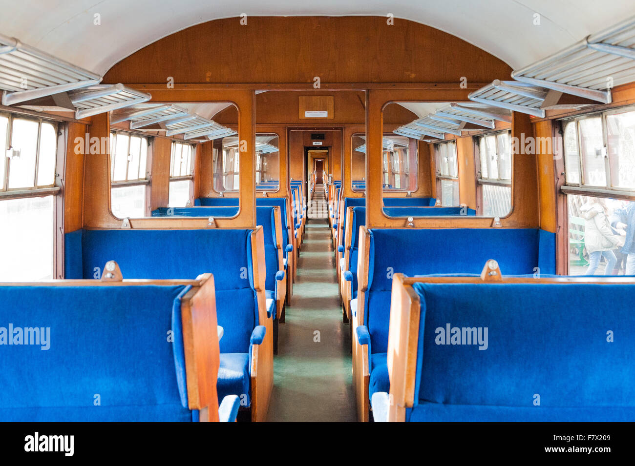 The interior of the old vintage train carriage at Sheringham train station, Norfolk, England. Stock Photo