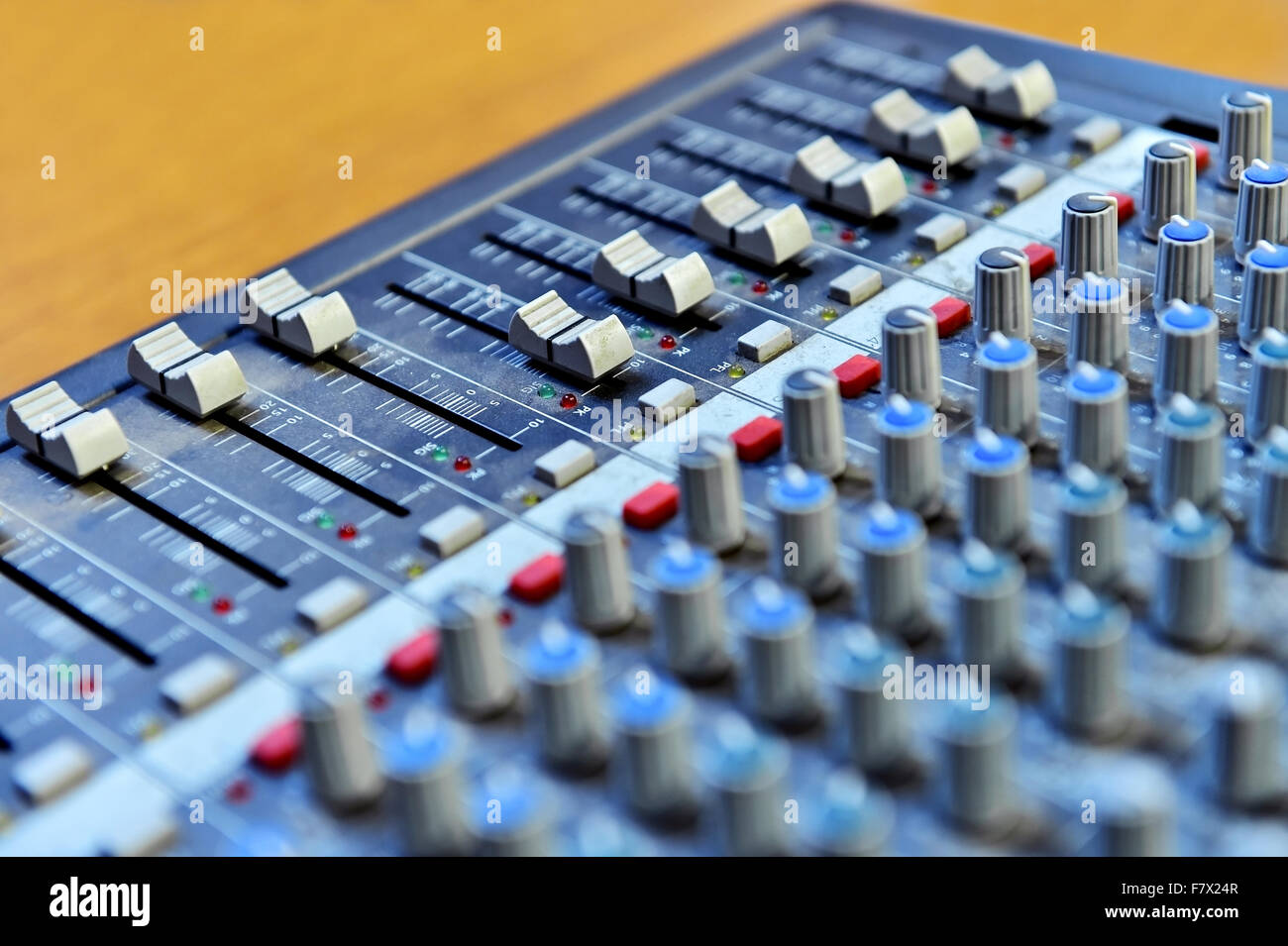 Detail with adjusting knobs on a professional audio mixer Stock Photo