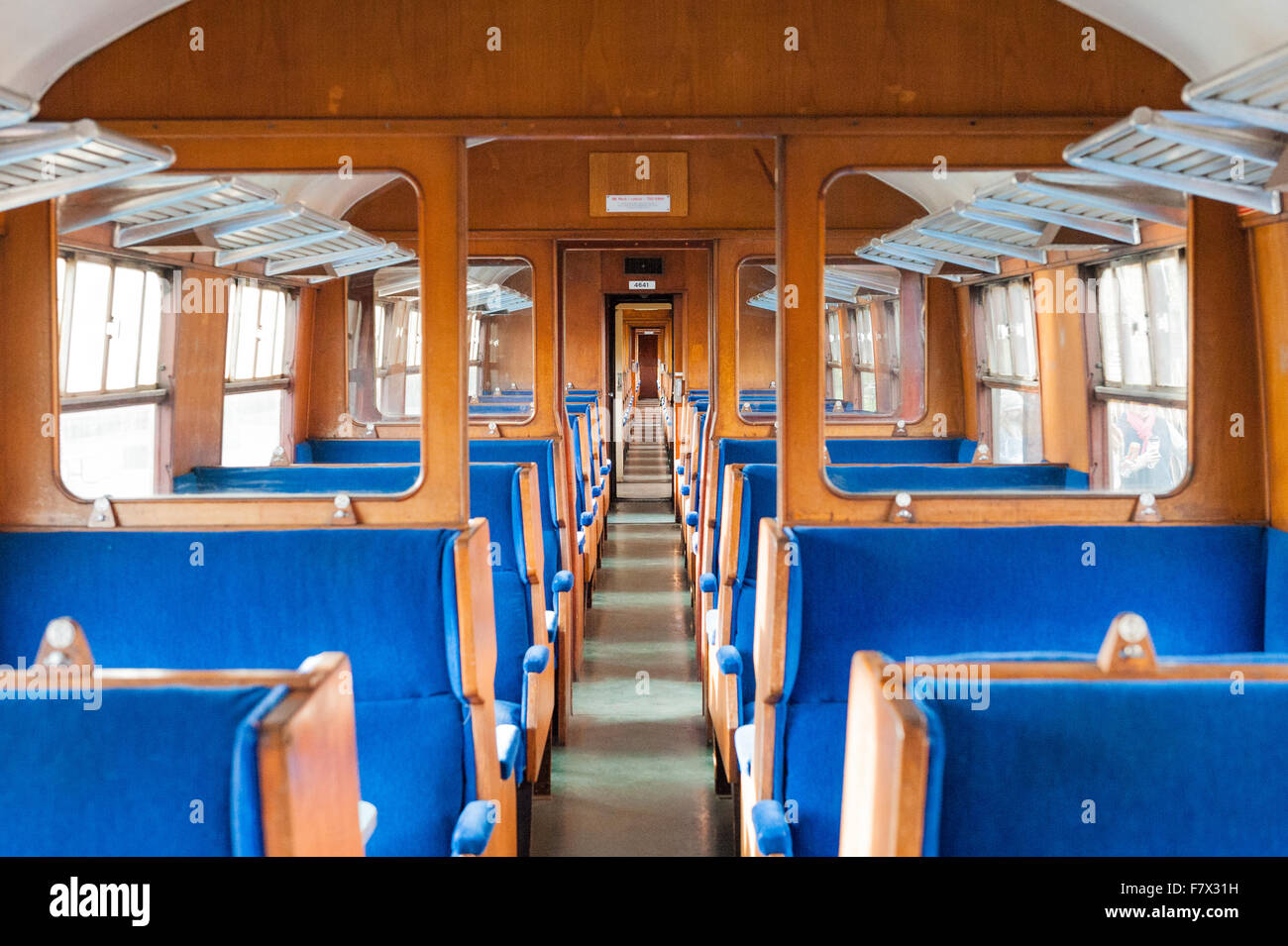 The interior of the old vintage train carriage at Sheringham train station, Norfolk, England. Stock Photo