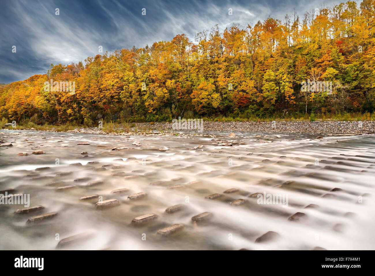 Flowing river in autumn forest, Blei, Hokkaido, Japan Stock Photo
