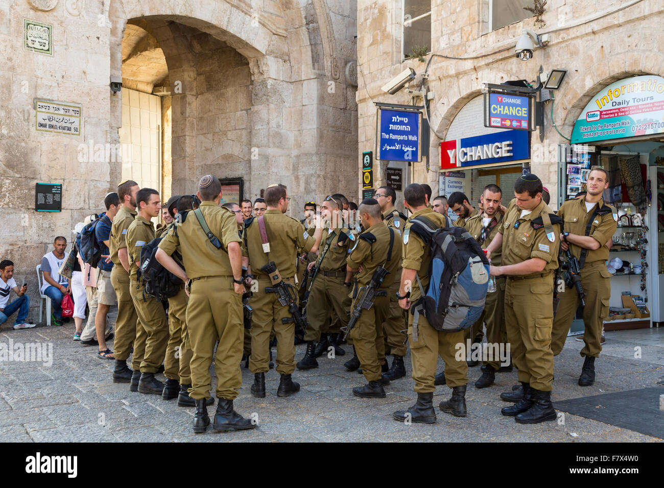 A group of IDF Israeli soldiers near the Jaffa Gate in the old city of Jerusalem, Israel, Middle East. Stock Photo
