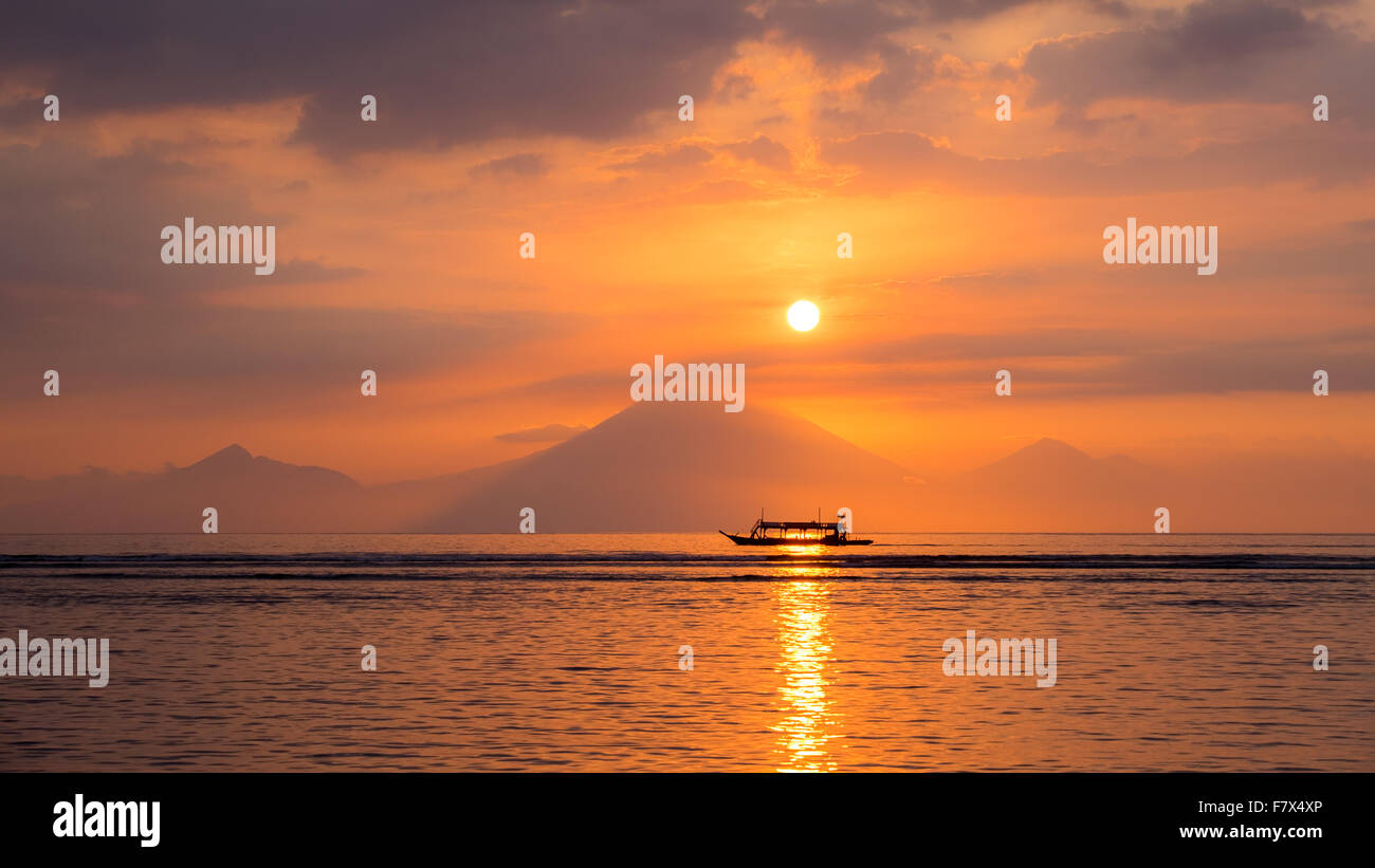 Sunset at Mount Agung, Gili Trawangan, Lombok, Indonesia Stock Photo