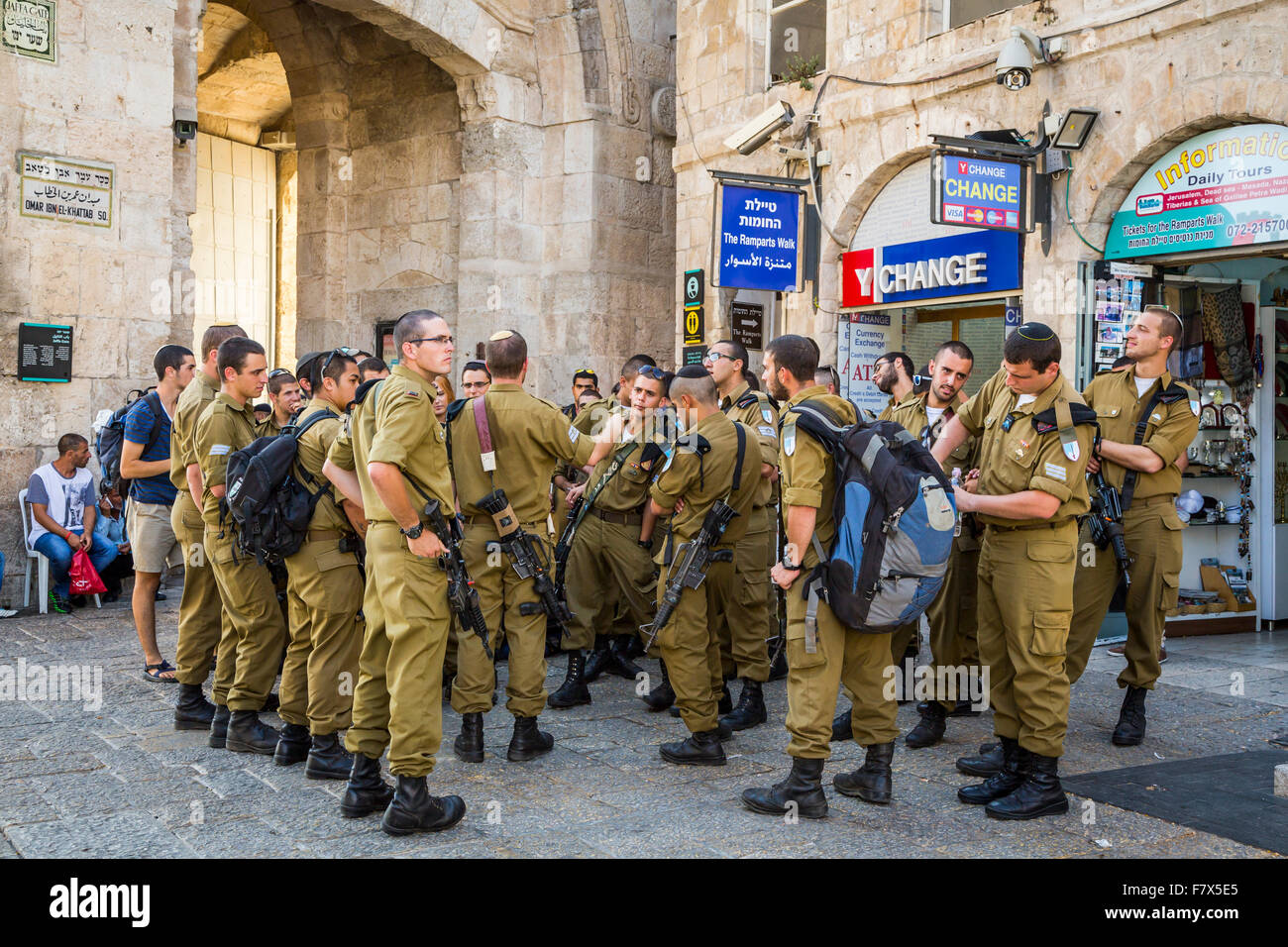 A group of IDF Israeli soldiers near the Jaffa Gate in the old city of