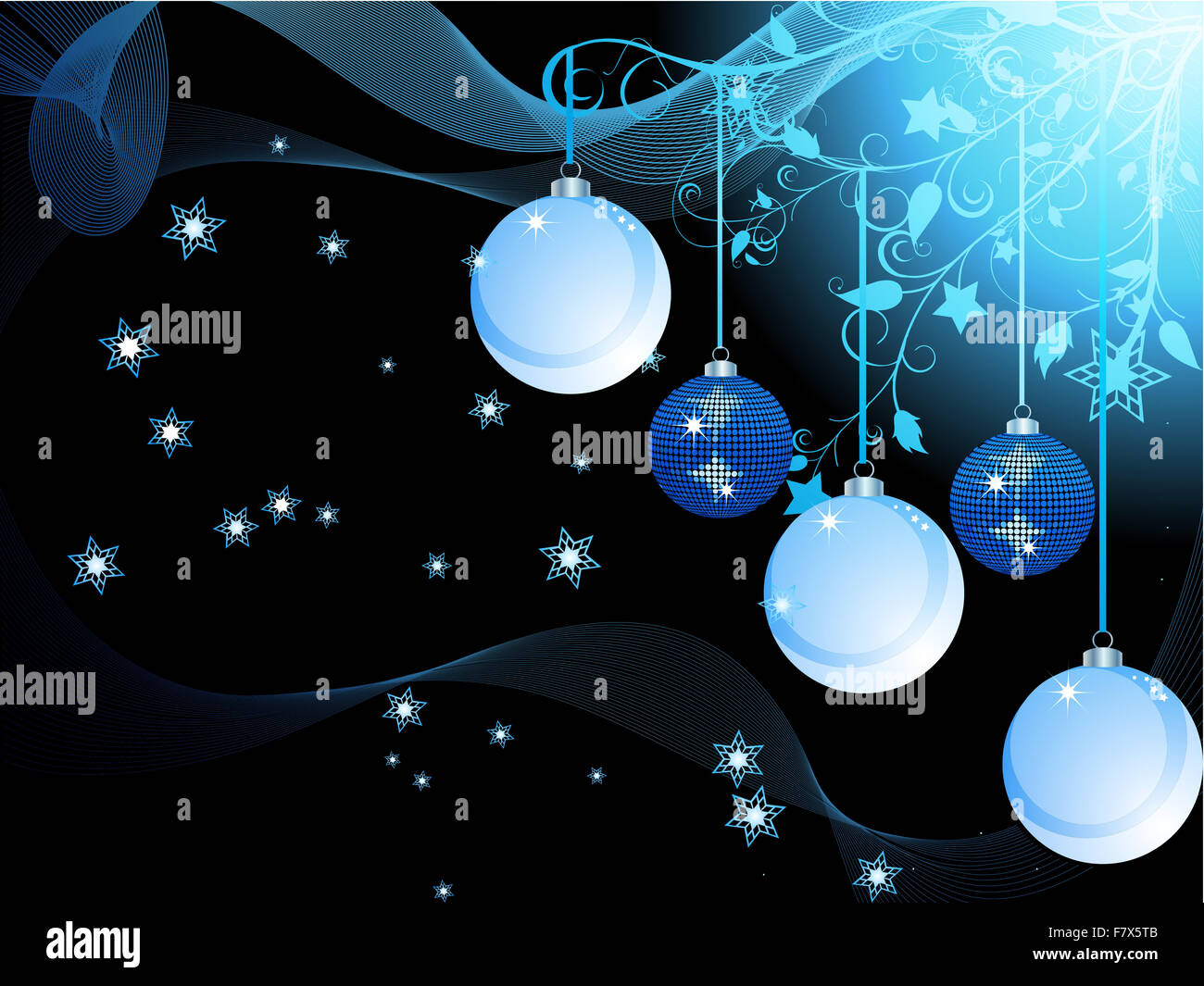 Christmas Blue Background with Baubles Waves Stars and Floral Stock ...