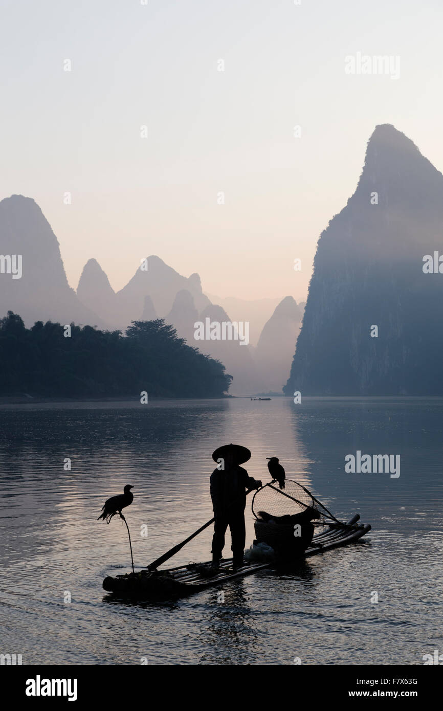 Cormorant Fisherman on River Li Guilin Region Guangxi, China LA008383 Stock Photo