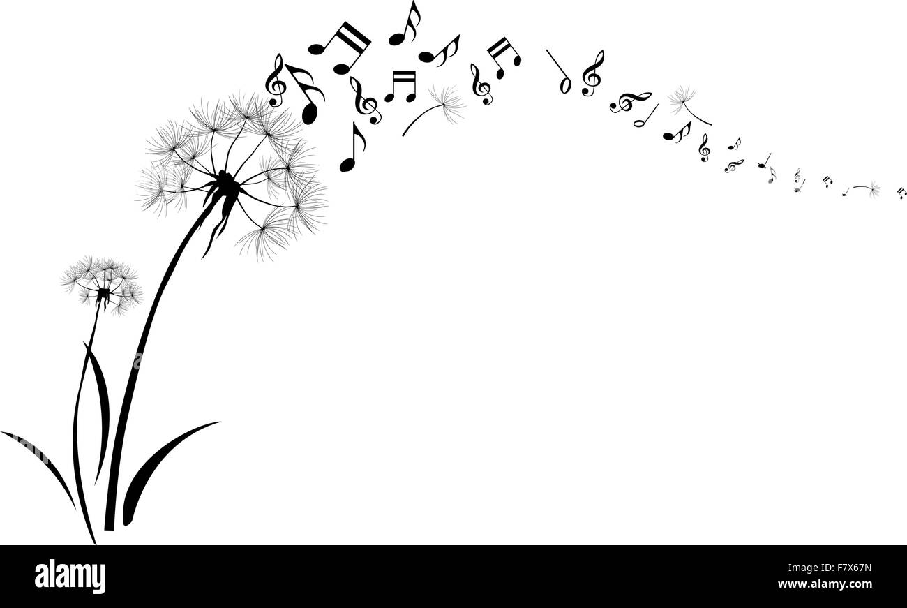 dandelions with note music flying on white background Stock Vector
