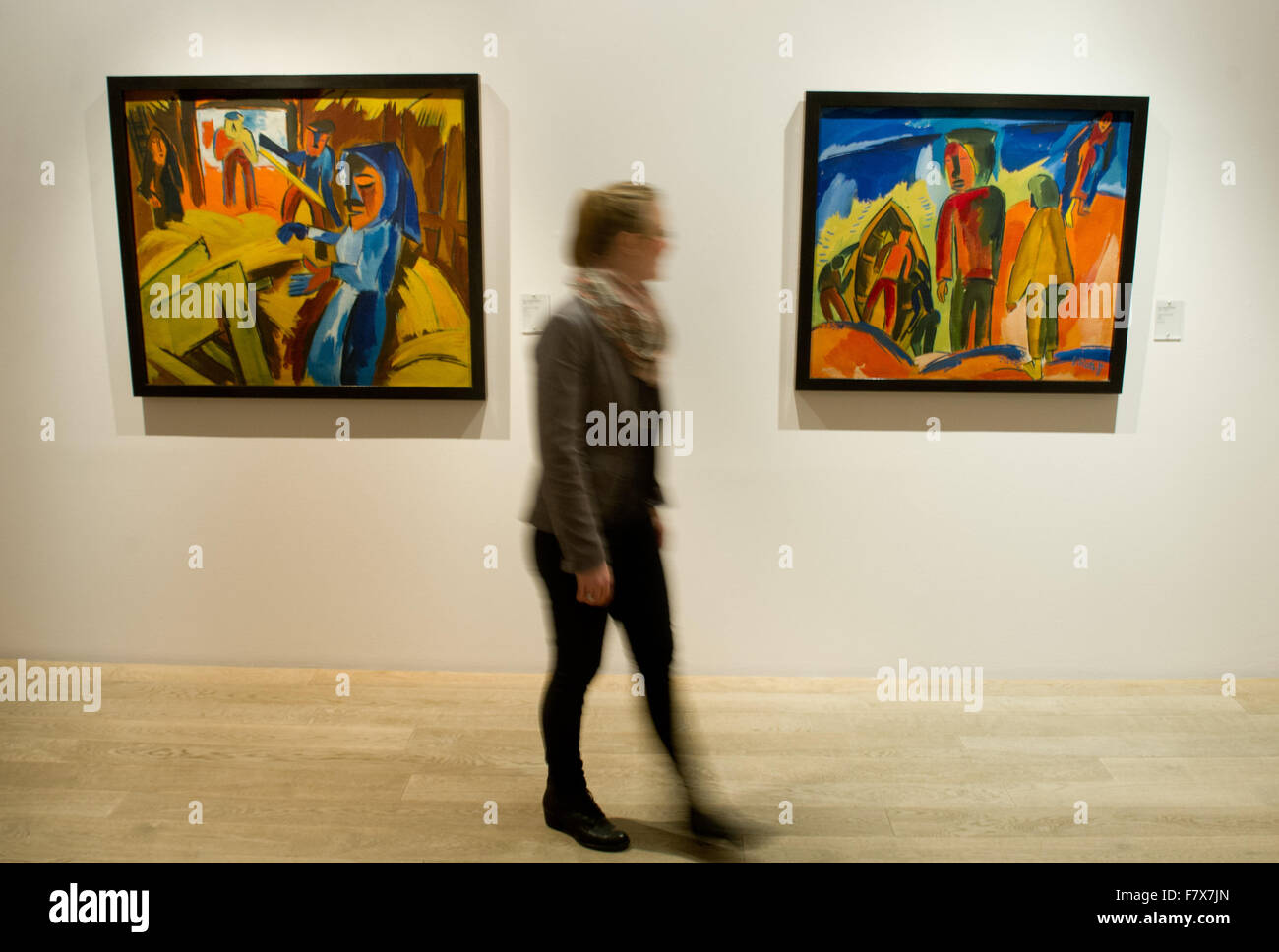 Greifswald, Germany. 3rd Dec, 2015. Pictures entitled 'Scheune' (barn) and 'Fischer auf der Duene» (fisher on the dune) by paitner Karl Schmidt-Rottluff hanging in the art gallery of the Pommersches Landesmuseum in Greifswald, Germany, 3 December 2015. The museum is planning to renovate its existing art gallery and also to build an extension, in order to place a greater focus on the painter Caspar David Friedrich (1774-1840), who was born in Greifswald. PHOTO: STEFAN SAUER/DPA/Alamy Live News Stock Photo