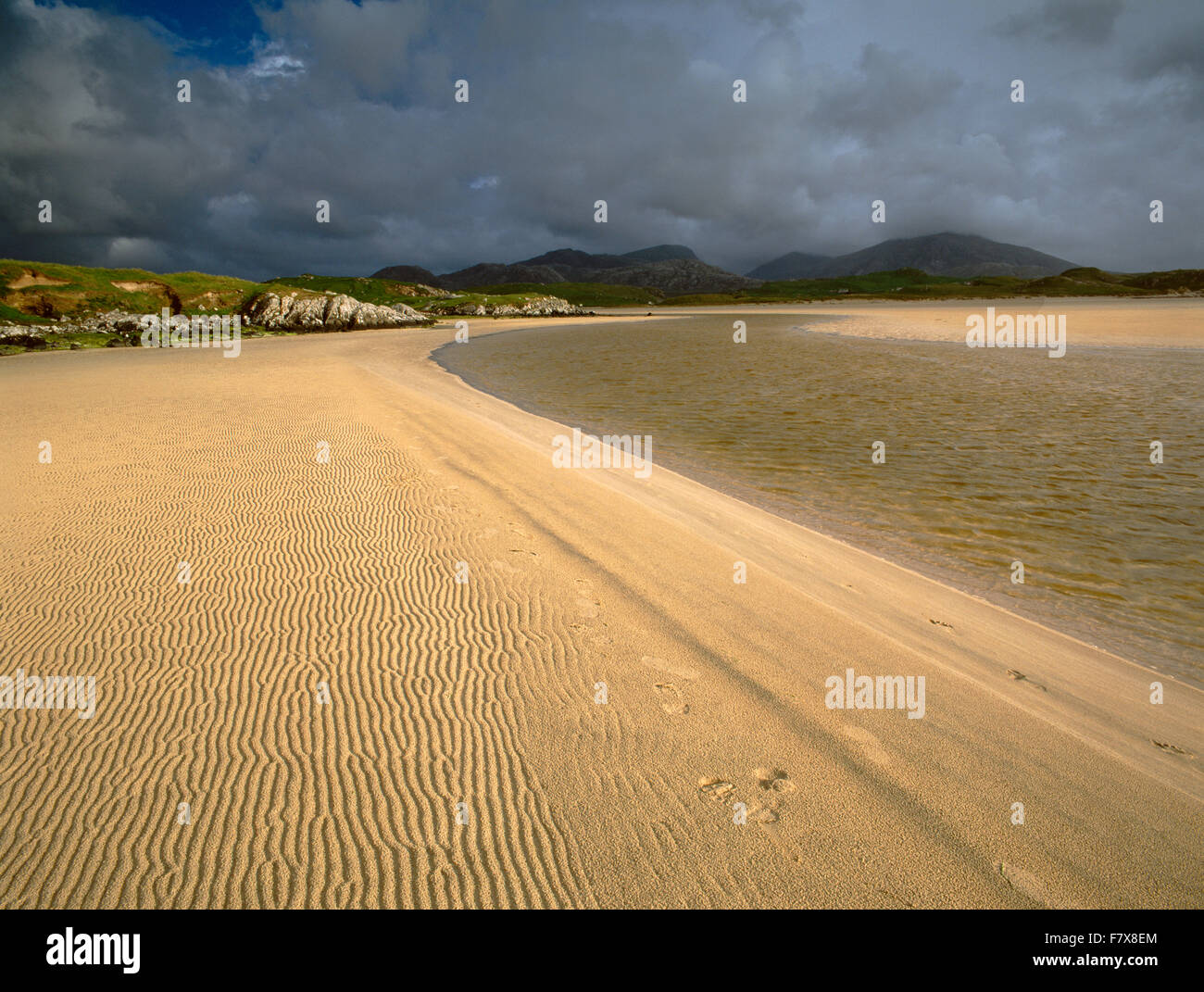 Uig Sands and the Lon Erista river at low tide. The Lewis Viking Chessmen were uncovered in the dunes to the rear.Lewis, Outer Hebrides, Scotland, UK Stock Photo