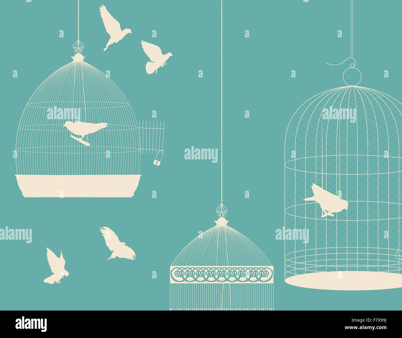 Birds and birdcages postcard 5 Stock Vector