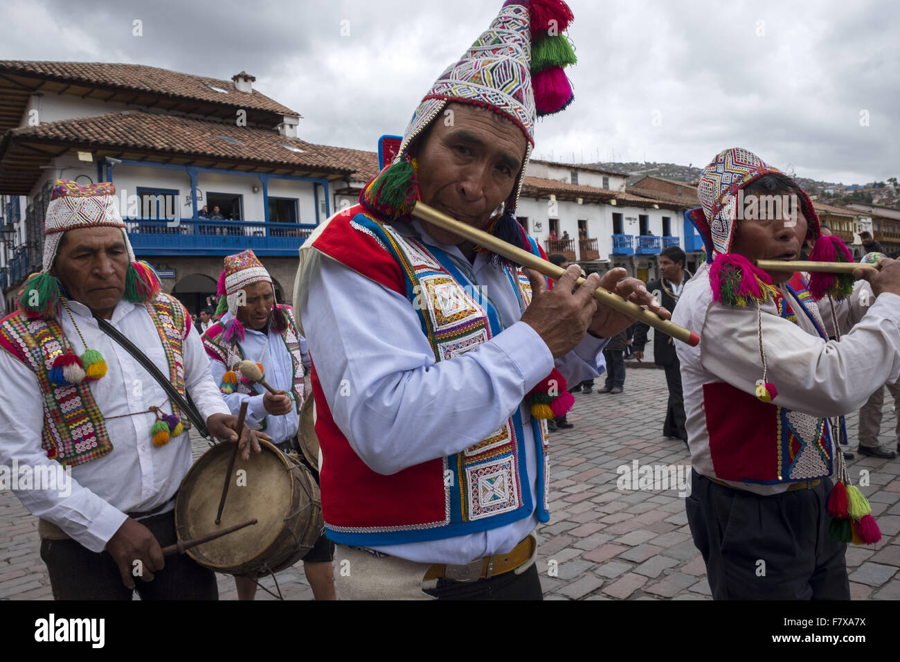 Members of associations participating in the festival of Qoyllur Riti, attend the official launch of the celebration in Cuzco Stock Photo