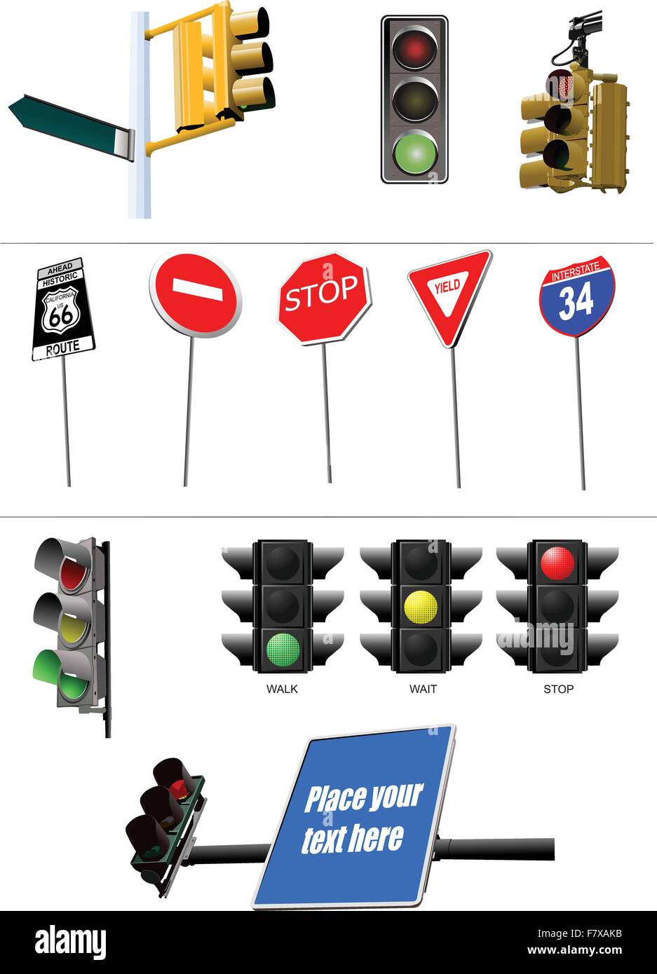 Set of traffic lights. Red signal. Yellow signal. Green signal Stock Vector