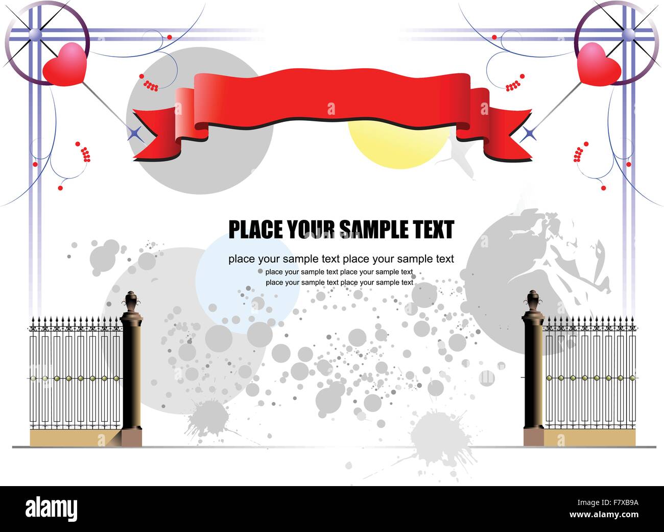 Curled red ribbons on grunge background with iron fence Stock Vector ...