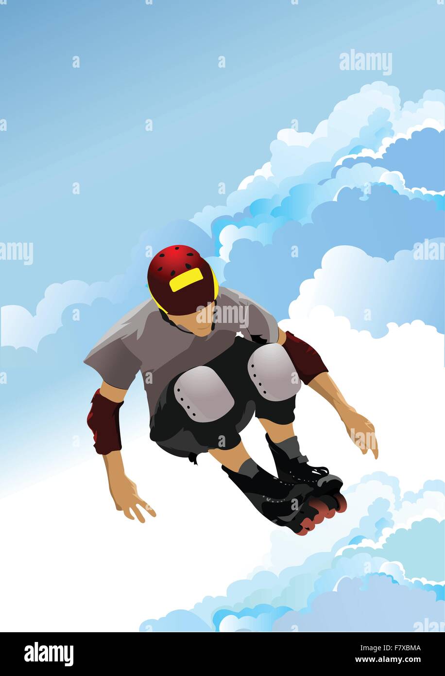 Active roller boy jumping on the blue sky background. Vector ill Stock Vector