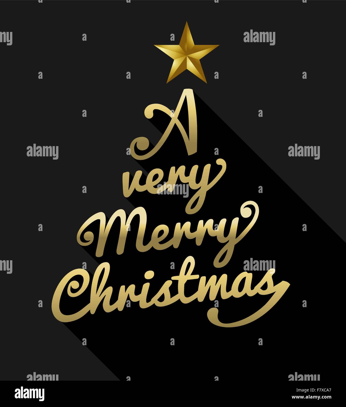 Merry christmas design with gold text making xmas pine tree shape. Ideal for holiday greeting card, poster or web. EPS10 vector. Stock Vector
