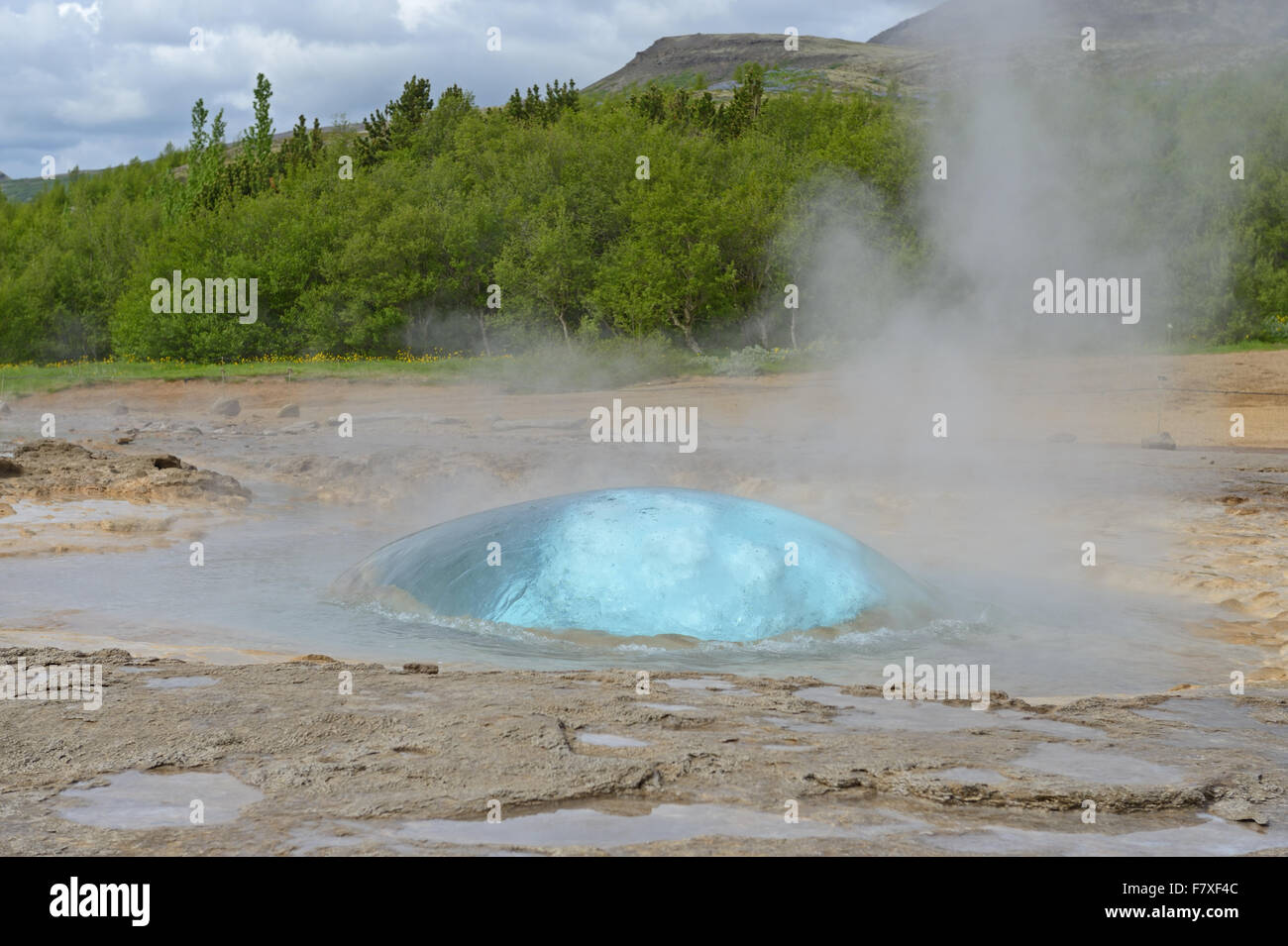 Fountain geyser erupting (3 of 5 in sequence), Strokkur, Haukadalur, Iceland, June Stock Photo