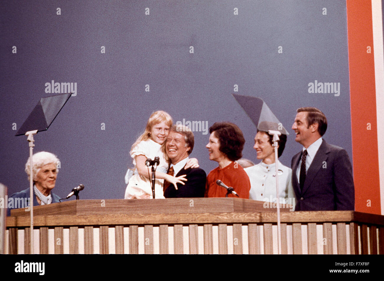 Governor Jimmy Carter (Democrat of Georgia), the 1976 Democratic Party nominee for President of the United States, following his acceptance speech at the 1976 Democratic Convention at Madison Square Garden, New York, New York on July 15, 1976. From left to right: Miss Lillian Carter, Jimmy Carter's mother; Amy Carter, daughter; Gov. Carter; wife Rosalynn Carter; US Senator Walter Mondale (Democrat of Minnesota), the 1976 Democratic Party nominee for Vice President of the US; and Mondale's wife, Joan Mondale. Credit: Arnie Sachs/CNP - NO WIRE SERVICE - Stock Photo