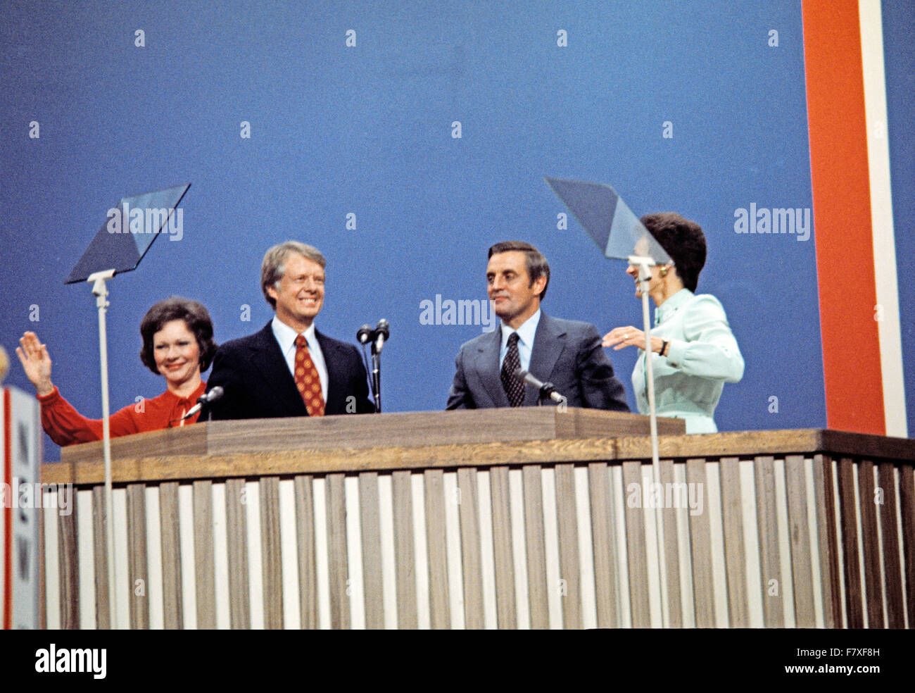 Governor Jimmy Carter (Democrat of Georgia), the 1976 Democratic Party nominee for President of the United States, left, and US Senator Walter Mondale (Democrat of Minnesota), the 1976 Democratic Party nominee for Vice President of the US, right, acknowledge the cheers of the delegates following their acceptance speeches at the 1976 Democratic Convention at Madison Square Garden, New York, New York on July 15, 1976. Credit: Arnie Sachs/CNP - NO WIRE SERVICE - Stock Photo