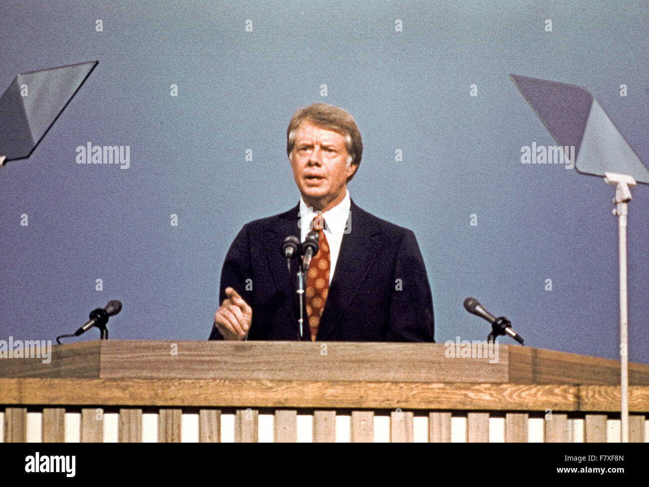 Governor Jimmy Carter (Democrat of Georgia), the 1976 Democratic Party nominee for President of the United States, delivers his acceptance speech at the 1976 Democratic Convention at Madison Square Garden, New York, New York on July 15, 1976. Credit: Arnie Sachs/CNP - NO WIRE SERVICE - Stock Photo