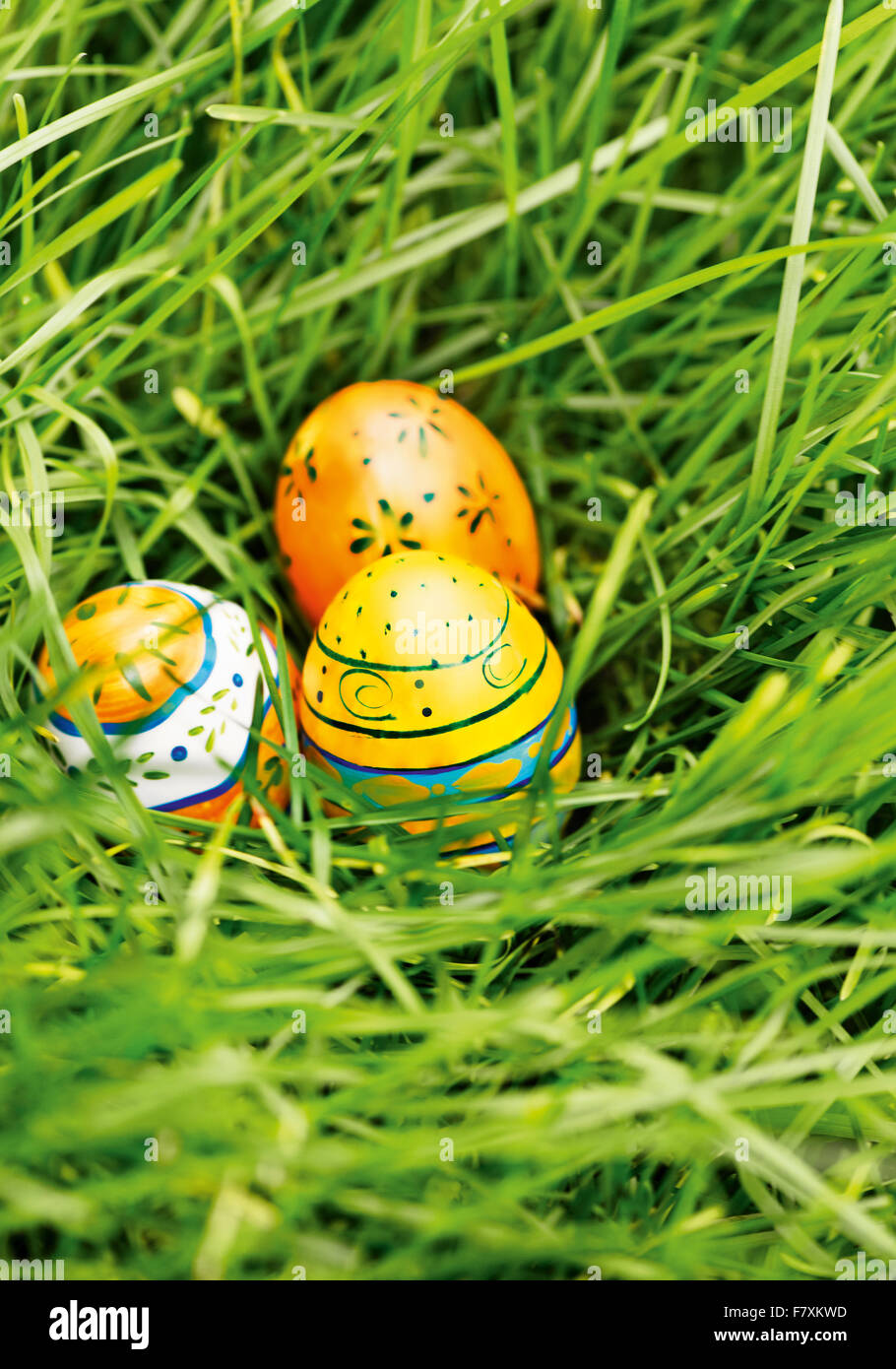 Drei bunte Ostereier im grünen Gras Stock Photo