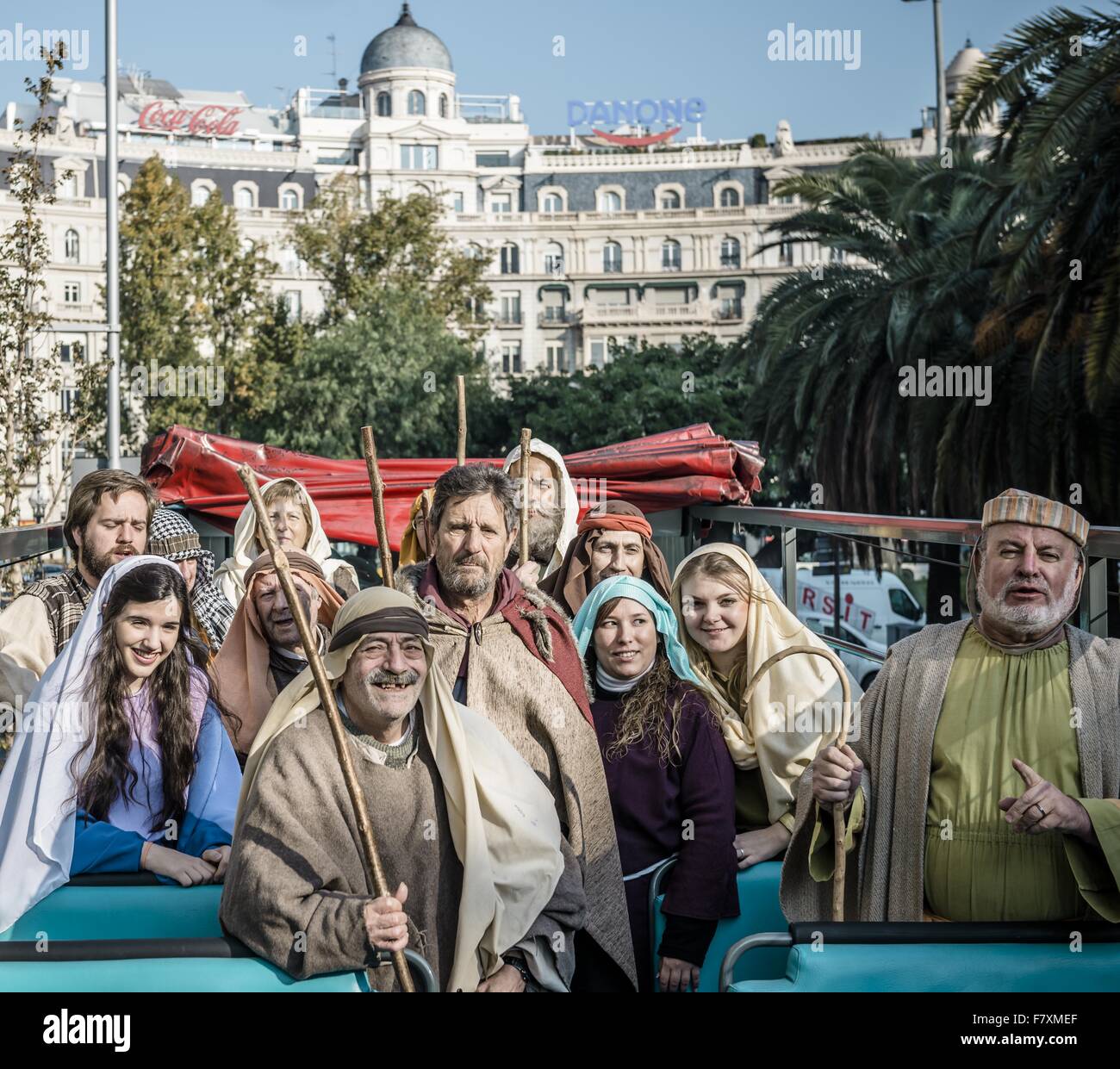 Barcelona, Catalonia, Spain. 3rd Dec, 2015. Shepherd performers of the 'pastorets', the traditional Catalan three part Nativity plays, visit Barcelona on the top of a tourist bus at the beginning of this years festival time. - The 'pastorets', an old Catalan tradition, tells the stories of Jesus birth, the battle of good (angel) vs. evil and a humorous piece about shepherds. © Matthias Oesterle/ZUMA Wire/Alamy Live News Stock Photo