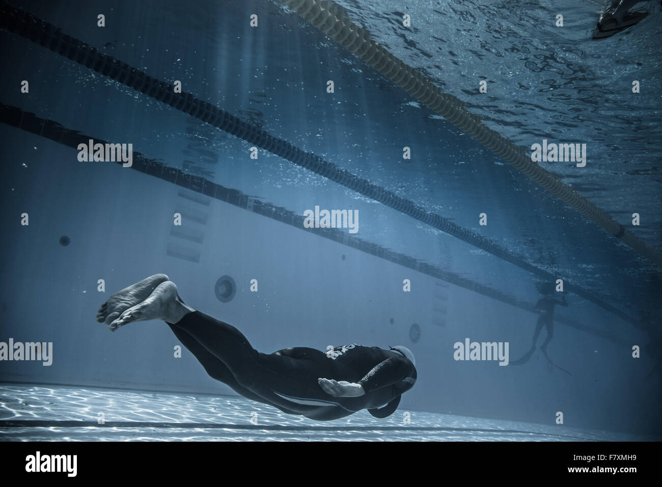 Montreal, CANADA - May 30th, 2015. Official AIDA Freediving Pool Competition Taking place in the Parc Jean-Drapeau Olympic Pool. Dynamic Without Fins (DNF) Performance from Underwater Stock Photo