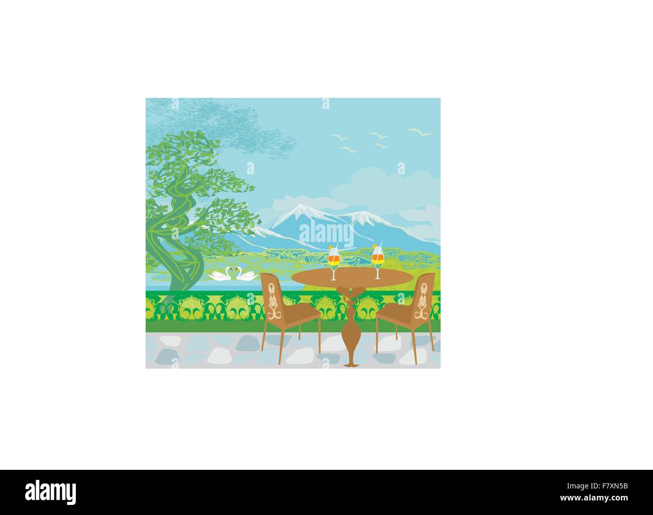 Vector landscape with mountains and swans on the lake Stock Vector