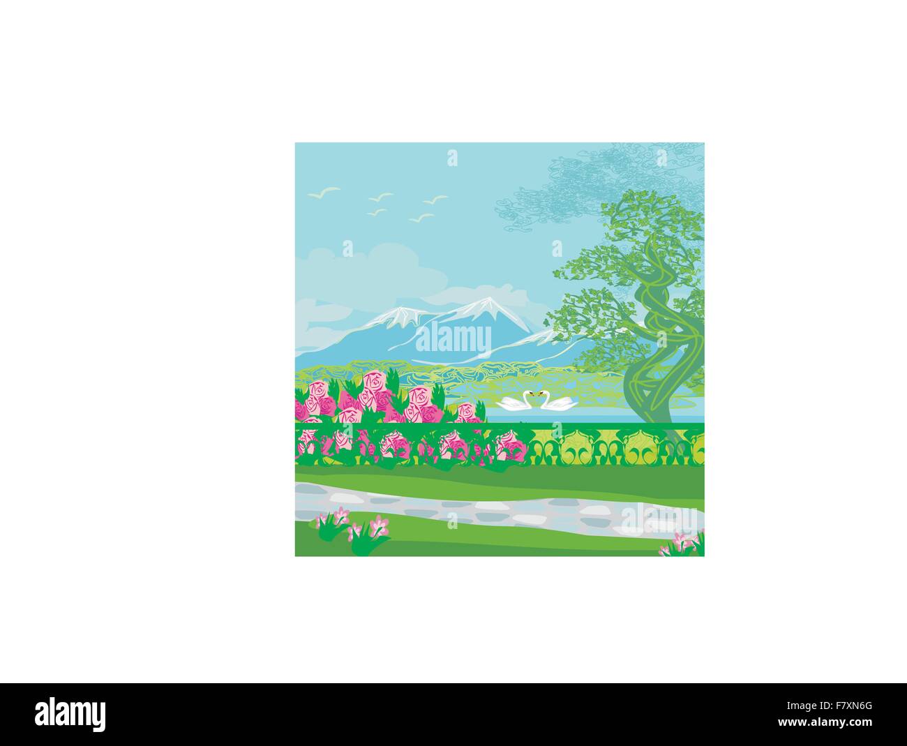 Vector landscape with mountains and swans on the lake Stock Vector