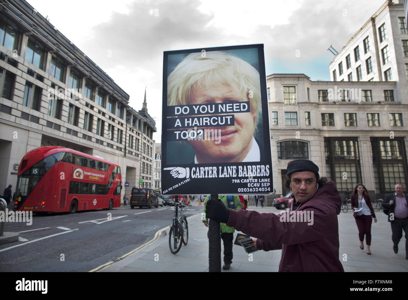 Man Holding Placard Advertising Haircuts With Reference To